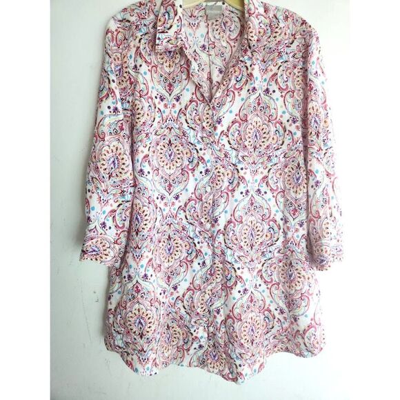 Chico's Beige w/Red Purple Pasley 100% Linen "No Iron" Button Up Blouse size 14 - Picture 1 of 7